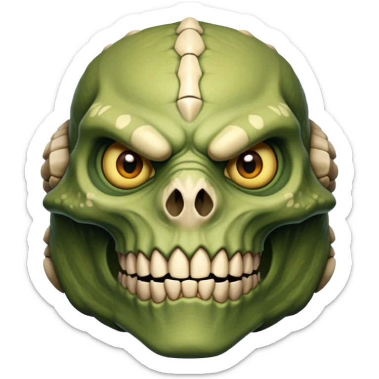 The face of a monstrous, reptilian human fighter with lime eyes, protruding segments of skull and light-brown skin sticker