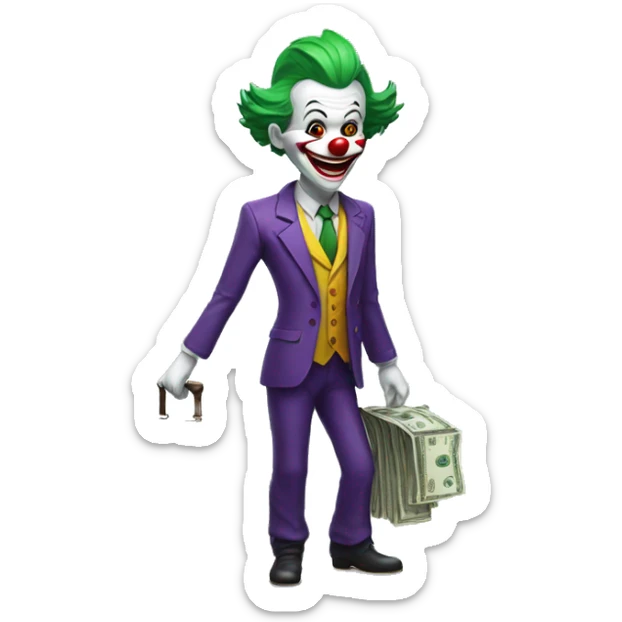 Skinny Clown looking like the Joker in a business suit with a suitcase of money in his hand in full growth sticker