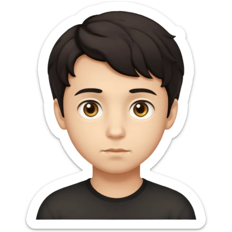 This avatar of boy has tightly curled dark hair styled upward, a rounded face with golden-brown eyes, and a neutral expression sticker