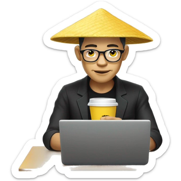 A memoji-style Vietnam man with yellow skin, wear nearsighted glasses, a traditional Vietnamese conical hat , black shirt, sitting at a desk with a cup of coffee, typing on keyboard, laptop with a logo styled as '</>' in front front sticker