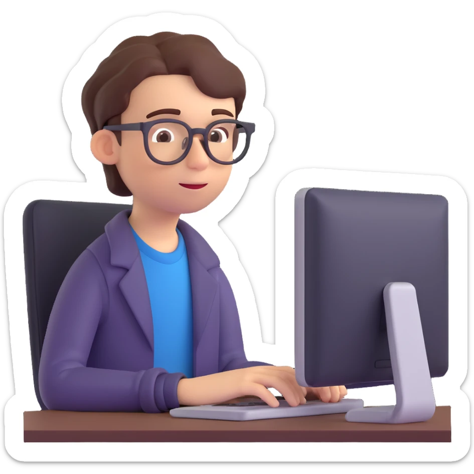 3D emoji style portrait of a calm student taking an online test, wearing glasses, looking at a computer screen sticker