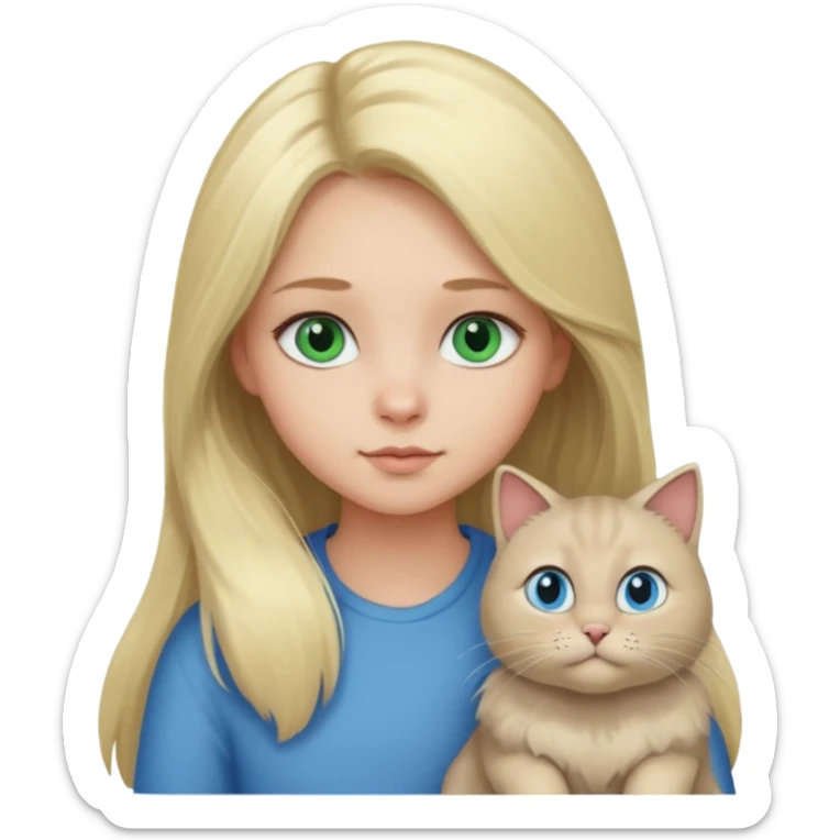 blonde girl with long blonde hair and blue eyes with chubby gray cat with big green eyes sticker