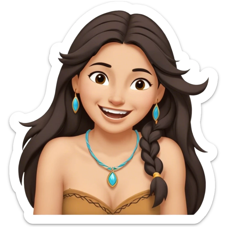 Cinematic Adorable Pocahontas Portrait Emoji, Laughing softly as Meeko tugs at her necklace, hair tousled in the wind, eyes full of warmth, a carefree spirit shining through, capturing the essence of beauty and playfulness! sticker