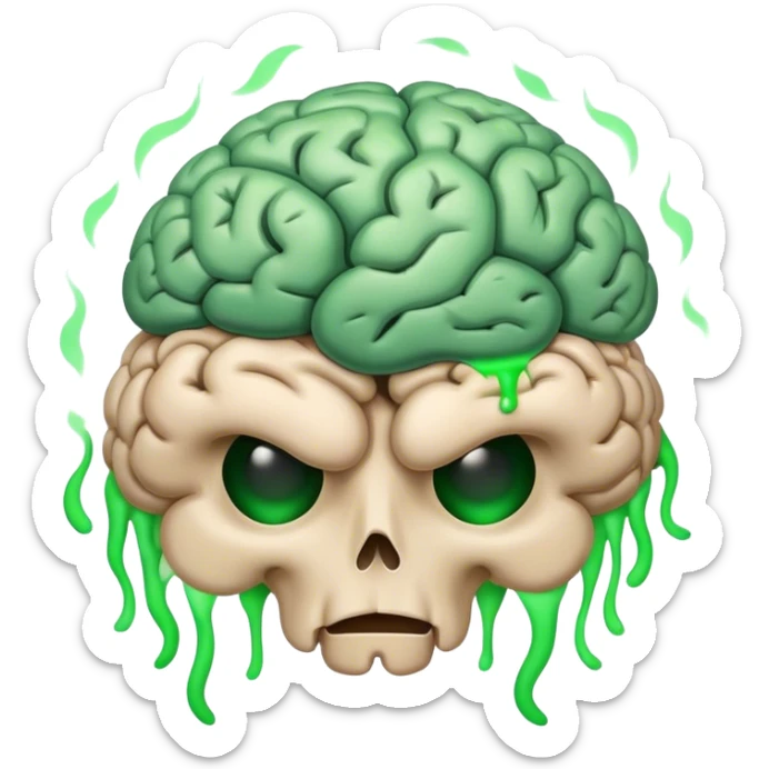 rotting, shriveling brain emoji with green smoke coming up and flies surrounding it sticker