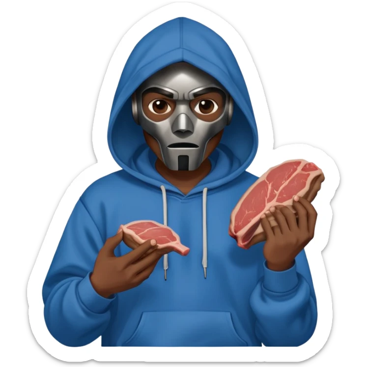 MF DOOM in a blue hoodie holding a piece of meat sticker