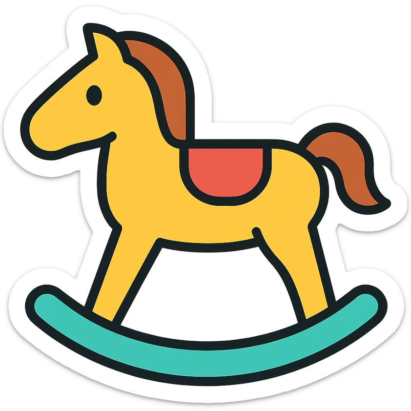 rocking horse, color outline icon style, clean lines, playful, minimal background sticker