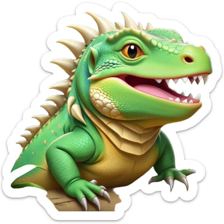 Cinematic Cute Yawning Iguana Portrait Emoji, Head tilted slightly with a dramatic, wide-open yawn, showcasing a sturdy, scaled body with a softly drooping spiky crest and sleepy, half-closed eyes, Simplified yet irresistibly adorable features, highly detailed, glowing with a soft, cozy jungle glow, high shine, relaxed yet expressive, stylized with a dash of whimsical charm, soft glowing outline, capturing the essence of a drowsy yet affectionate iguana that appears ready to stretch out for a nap! sticker