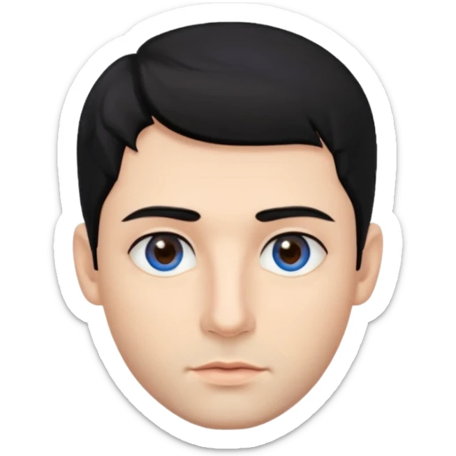 Man. With black hair. Hairstyle texture krop. The skin is beige. One eye is brown, the other is blue. The lips are not big. Beautiful nose. sticker