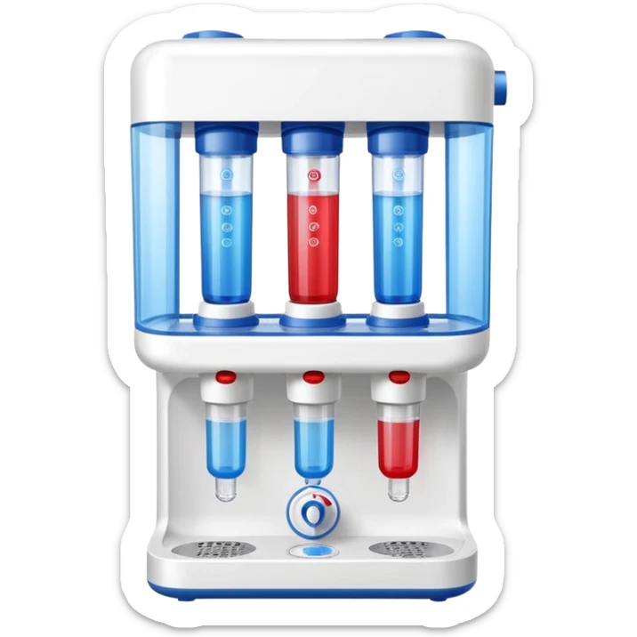 “Flat icon of a dual-temperature water purifier with red and blue nozzles, modern white body, clean vector style” sticker