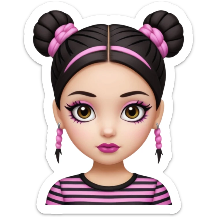 generate a pretty fair bratz girl with dark brown eyes. Dark brown hair straight hair with pink highlights tied into buns.  eyeliner. black lipstick. Black and white striped top.  sticker