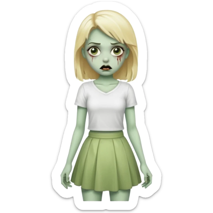 zombie blonde girl with white skirt, green skin and that it be in frontal zoom form sticker