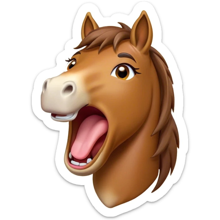 Cinematic Cute Yawning Bay Horse Portrait Emoji, Head tilted slightly with a dramatic, wide-open yawn, revealing a smooth bay fur with a subtle luster, floppy ears slightly drooping, round amber eyes barely open in drowsy contentment, Simplified yet irresistibly adorable features, highly detailed, glowing with a soft, cozy glow, high shine, relaxed yet expressive, stylized with a touch of equine whimsy, bright and endearing, soft glowing outline, capturing the essence of a sleepy yet affectionate horse, so drowsy it feels like it could stretch out of the screen and curl up for a nap! sticker
