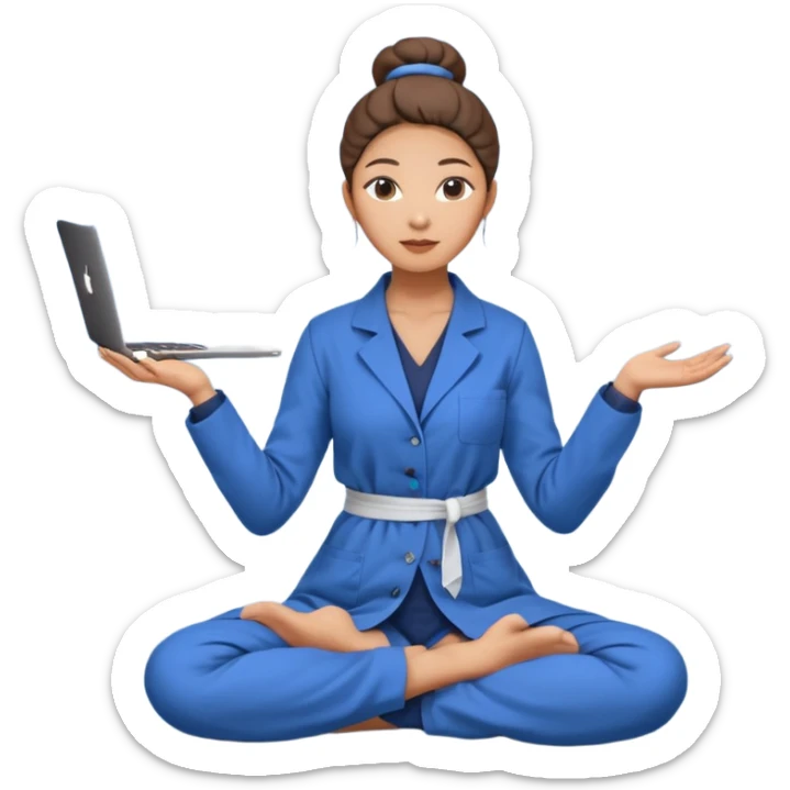 emoji of an asian woman with a single bun in a long blue labcoat sitting cross legged with dna levitating above one hand and an macbook above the other hand sticker