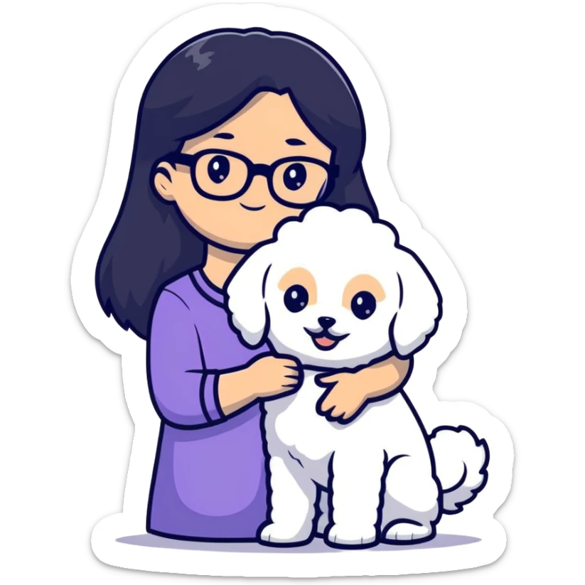 Girl with long black hair and glasses holding a white Bichon Frise dog sticker
