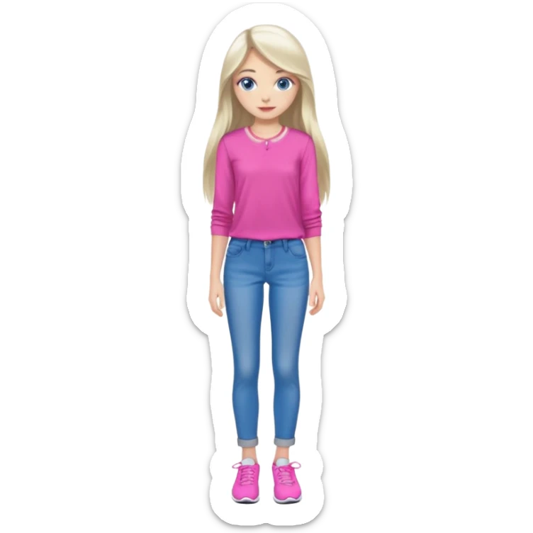 beautiful girl with long fair hair, blue eyes, in a vivid pink blouse, grey jeans and white trainers sticker