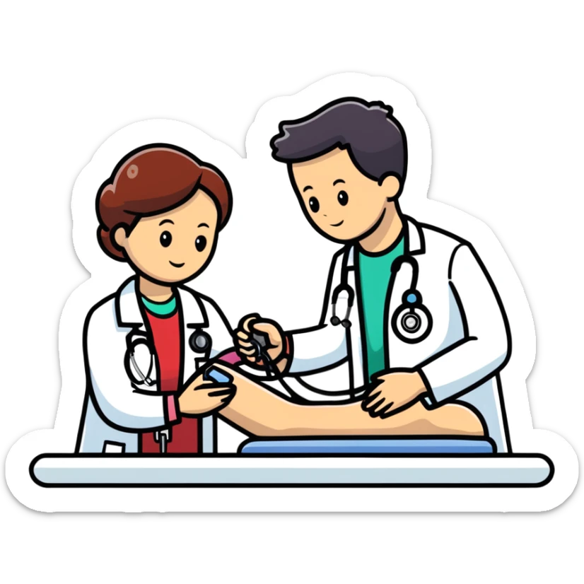 Doctor checking patient's blood pressure during annual medical check-up, healthcare screening sticker