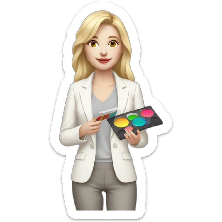 pale skin woman with blonde straight line Hair to shoulders, White classical jacket, Gray Palazzo pants holding a color palette in the hands sticker