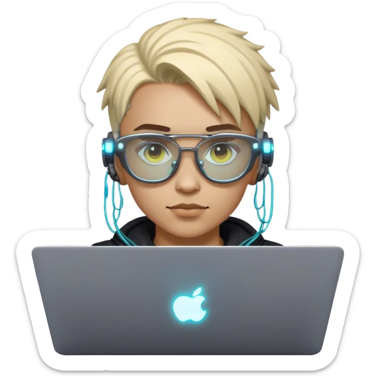 An emoji of a person with a laptop, but wearing cyberpunk glasses and with a slight neon glow sticker