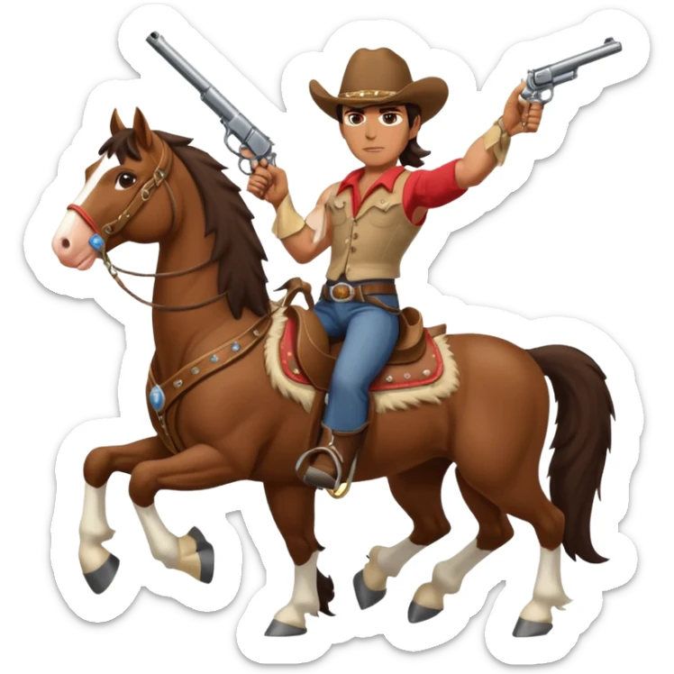 I need a very muscular brunette cowboy riding a large Clydesdale horse shooting a gun in both handles. sticker