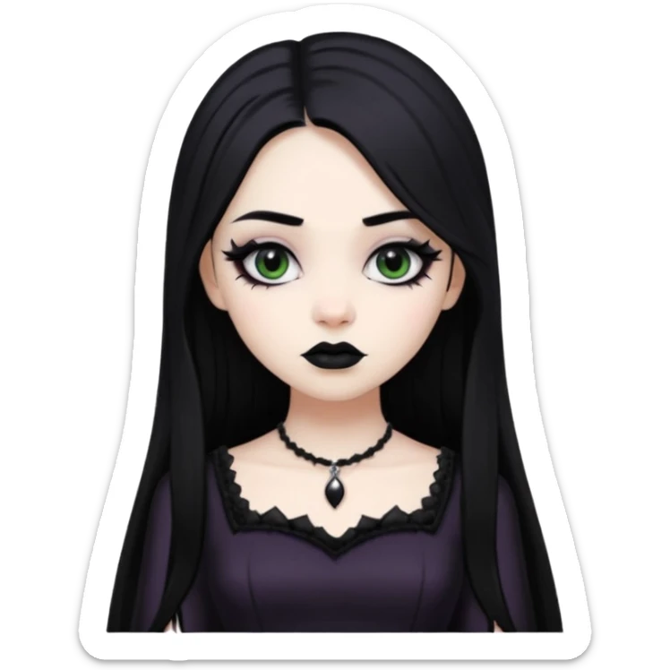 a goth girl with black long eyeliner and black lipstick and goth dress and white skin and black long hair sticker