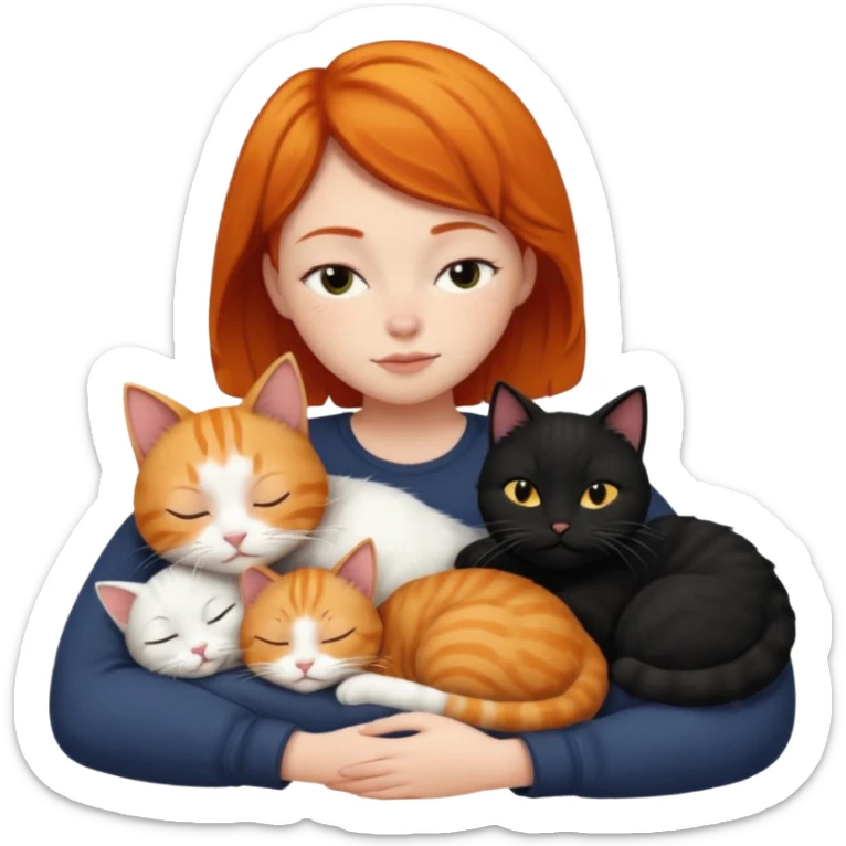 Ginger Girl short hair sleeping with two cats a black and a white bigger cat  sticker
