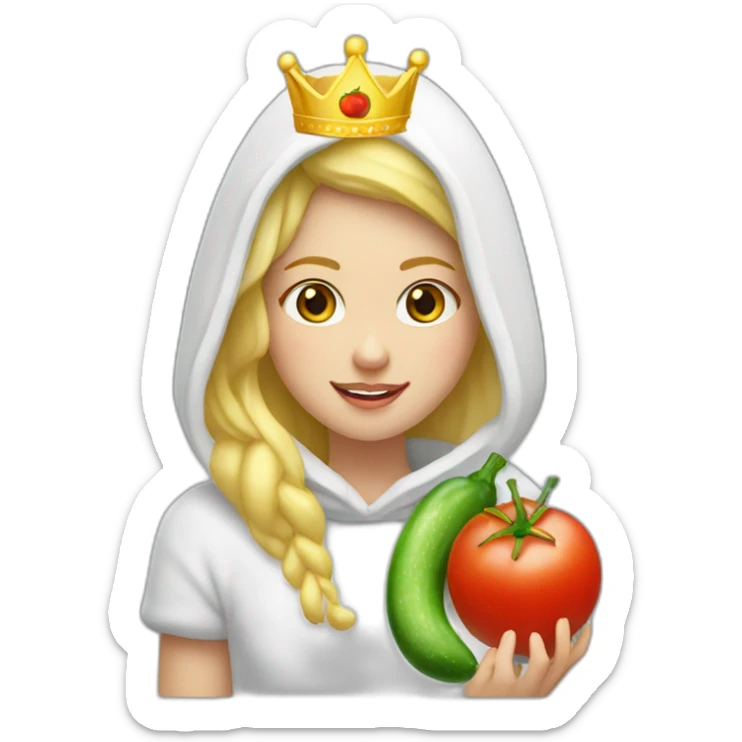 blonde girl  eating  cucumber and tomatoes with white hoodie iridescent and a crown princess sticker