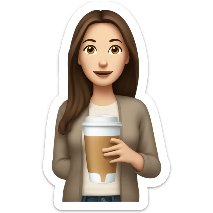 Beautiful white woman mom, long straight brown hair, brown eyes, cozy holding an iced coffee, white sweater sticker
