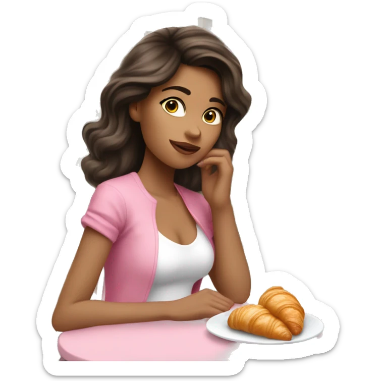Attractive brunette girl sitting on a white chair wearing jeans and white shoes and pink top with a pink bow in her hair eating a croissant at a table in Paris  sticker