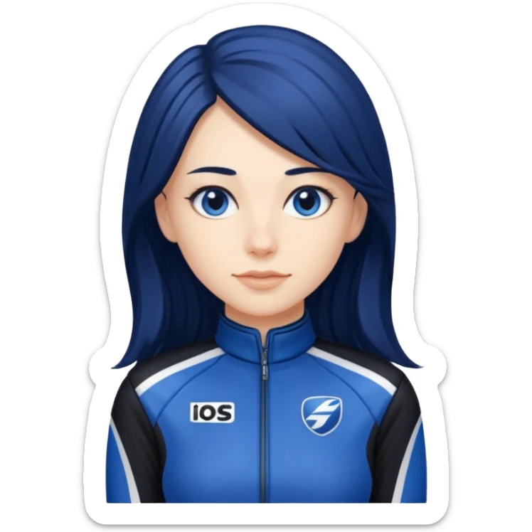 dark blue long hair woman with black racing outfit with blue strips sticker