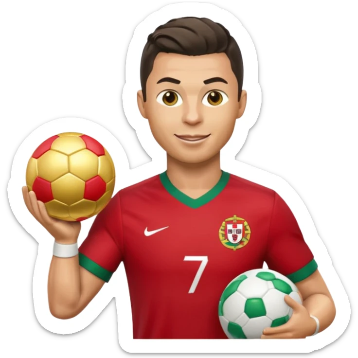 Cristiano Ronaldo as an apple-style emoji, winking, holding a golden ball, Portugal jersey sticker