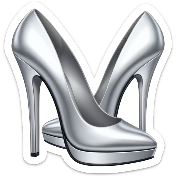 A pair of high heel shoes emoji made of polished silver chrome, elegant sharp silhouette, smooth metallic surface, glossy reflections, luxury sexy vibe, minimalistic iOS emoji style, centered, clean white background sticker