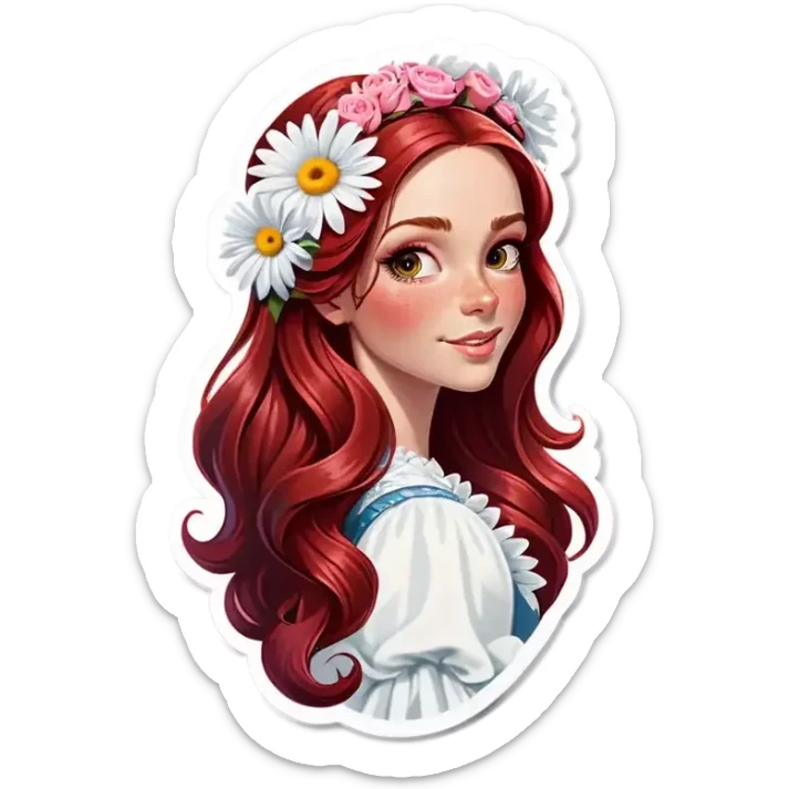 Realistic european woman with long red  hair with pink roses & white daisies in hair sticker