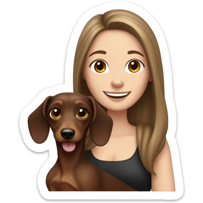 White girl with long dark brown hair holding ja dachshund and smiling sticker