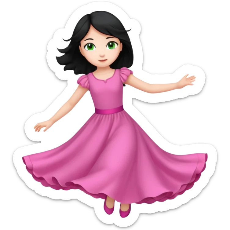 Una chica de 10 años volando con la piel clara el pelo negro y los ojos verdes con un vestido largo y rosa sticker