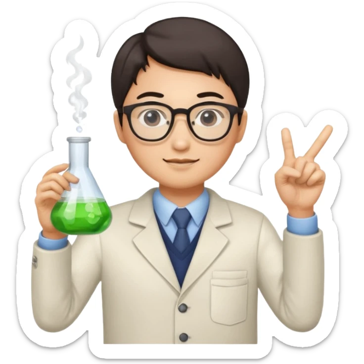 asian chemistry teacher wearing glasses holdin a flask pointing right sticker