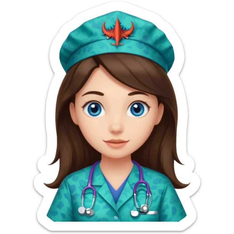 pretty brunette nurse with long hair and blue eyes in dinosaur pattern scrubs sticker