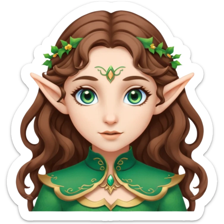 An elf girl with big green-blue eyes, medium length brown wavy hair and white skin sticker
