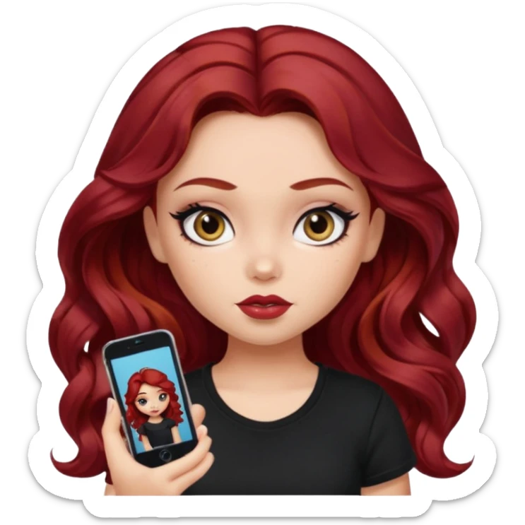 a pretty fair bratz girl with wavy dark red hair, wearing a black tee. eyeliner on sticker