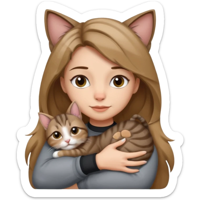 Une femme avec les cheveux dégradée, brun et blond, qui fait un câlin à son chat gris, tigré avec les extrémités que pattes pointe d’oreilles noires et le dessous du menton blanc sticker