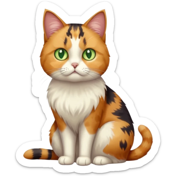 full body calico cat with skinny head and fat body with an anxious face sticker
