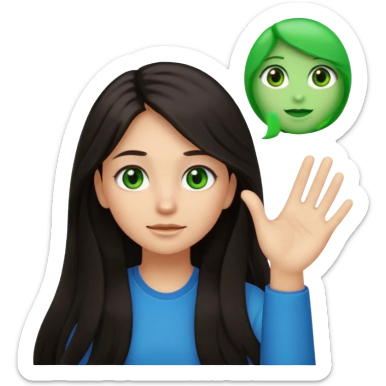 Animated girl dark long hair green eyes emoji holding right side of the head with her hand with duh facial expression  sticker