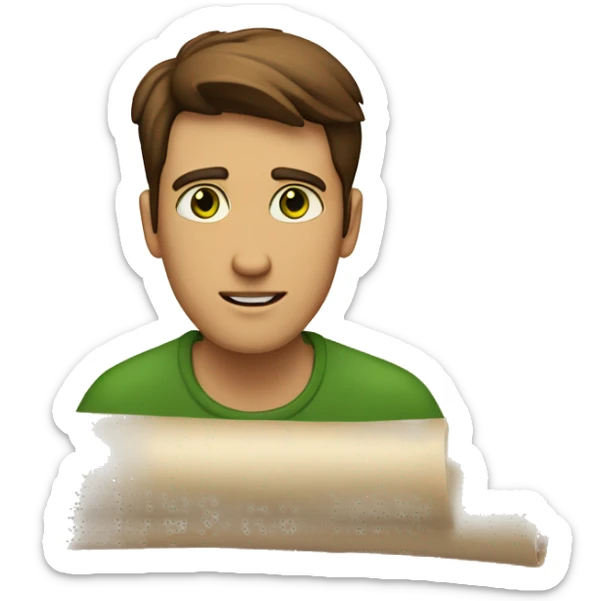 a light-skinned green-eyed man with brown hair sitting in front of the paper scroll  sticker