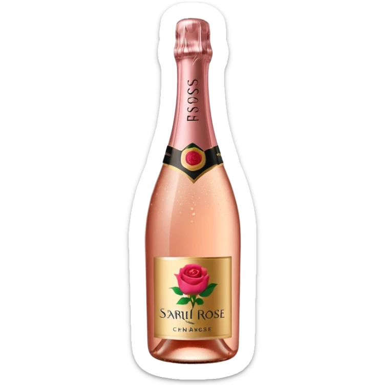 bottle of sparkling rosé champagne with a rose logo on the label, tilted up and to the right, no glass sticker