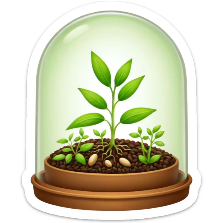 a pile of seeds at the right side and a germinating seed under a glass dome at the right side . Transparent background sticker