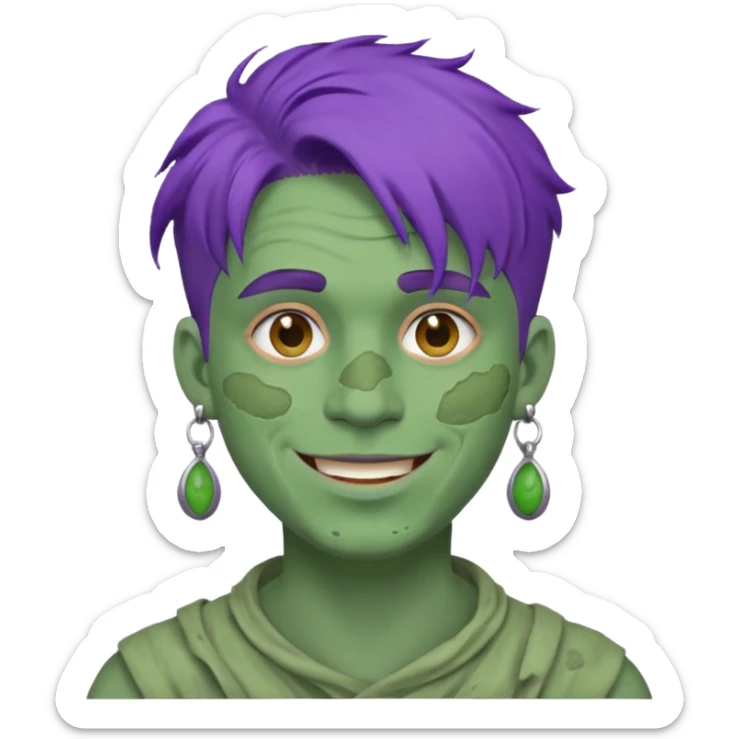 purple haired man with full full face dirty messy green clay mask and earrings happy  sticker