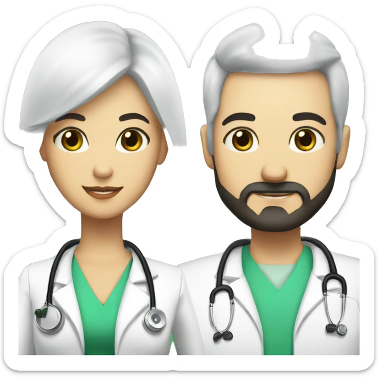 two doctors male and female. male with bald head and black beard with a crown. Female with green eyes long black hair and a crown  sticker
