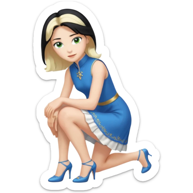 prince, upright, black Hair, blue eyes, garment,  Woman, bending knee, sleveless white dress, blonde hair, green eyes, sticker