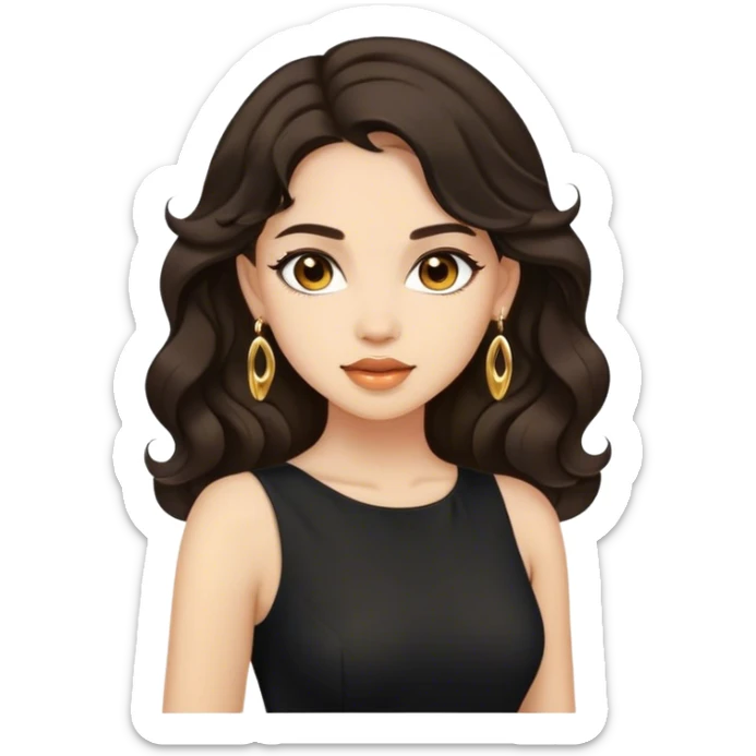 Beautiful woman,cute, light skin, half long wavy dark hair in dark dress with gold earrings sticker