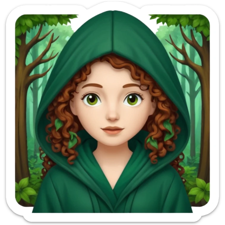 A white woman, a little thicker, with long dark auburn hair robed and hooded like she's a Traitor in the tv show The Traitors. her hair is mostly curly (kinda frizzy, not clean curls) and the robe is a dark dark forest green color sticker