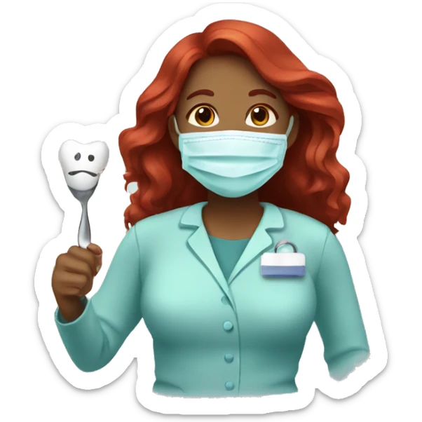 Brown Woman dentist with long red hair wearing face mask holding a tooth  sticker